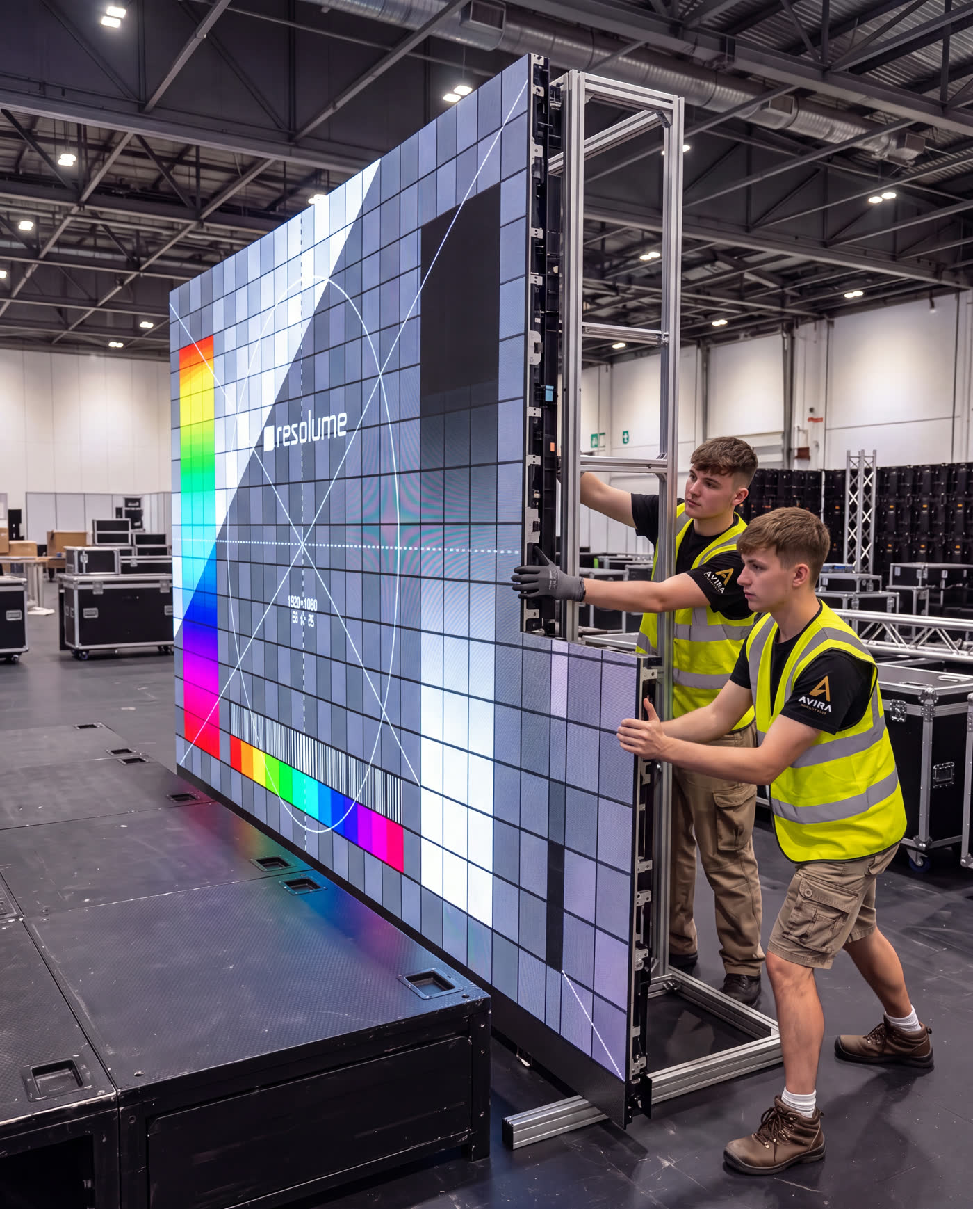 LED video wall forming the back of an exhibition booth